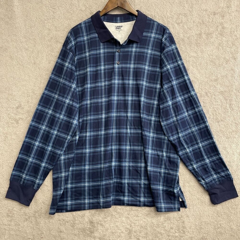 NWOT Lands' End Men's XXL Long-Sleeve Navy Plaid Polo Shirt Traditional Fit